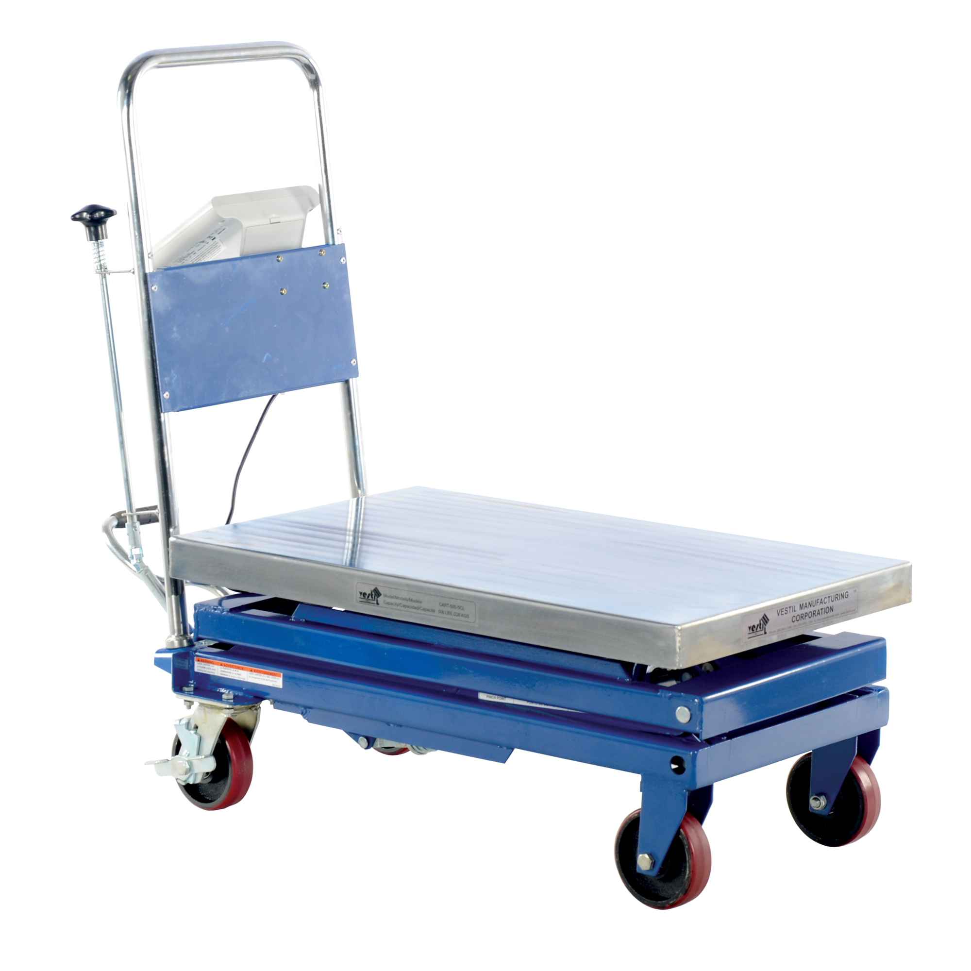 Vestil Steel Scissor Cart with Scale 19-1/2 In. x 32 In. 500 Lb. Capacity Blue/Silver